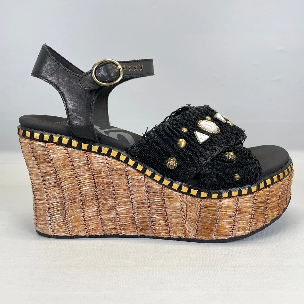 OTBT Cahoot Wedge Sandals Womens Size 8 M Black Leather Raffia Beaded Platform